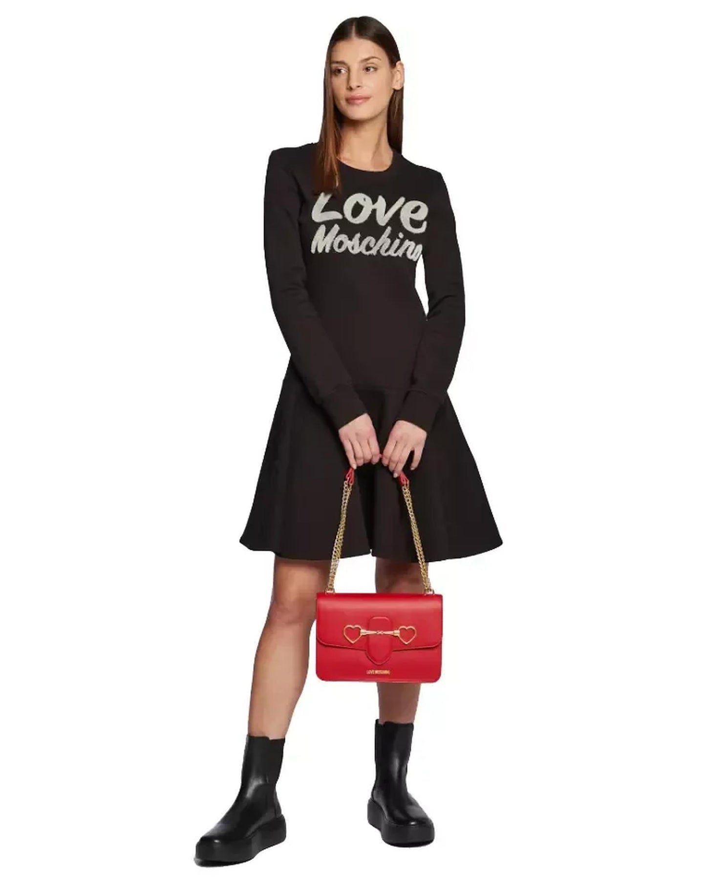 Love Moschino Cotton Blend Dress with Embossed Velveteen Logo 46 IT Women