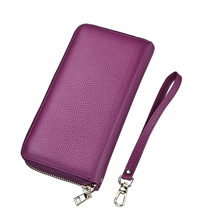 Leather Rfid Card Holder Wallet with Hand Strap - Purple
