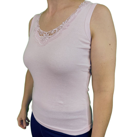 Ladies Sleeveless Singlet Top Womens Summer Basic Tank Shirt Lace Motif Front - Pink - 10-12