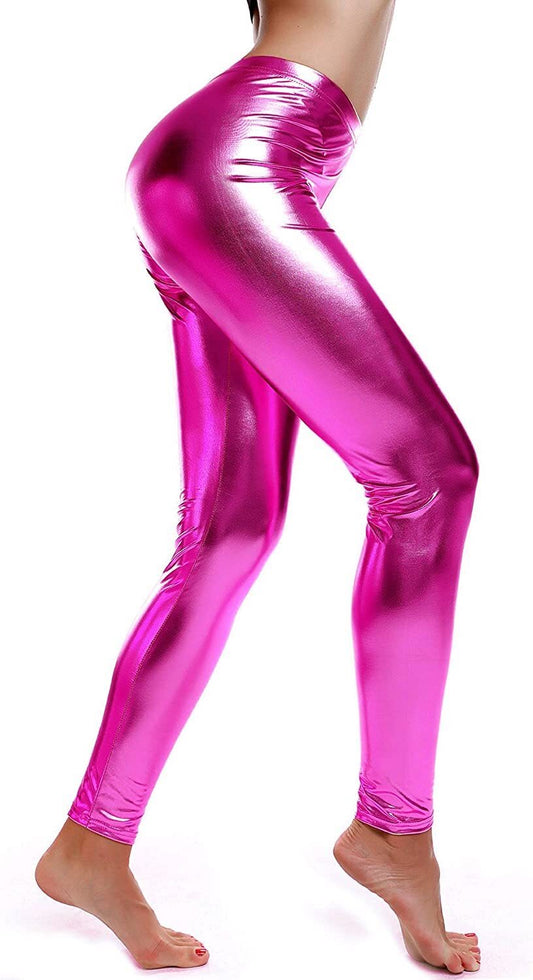 Metallic Leggings Stretchy Pants Neon Fluro Shiny Glossy Dress Up Dance Party - Hot Pink