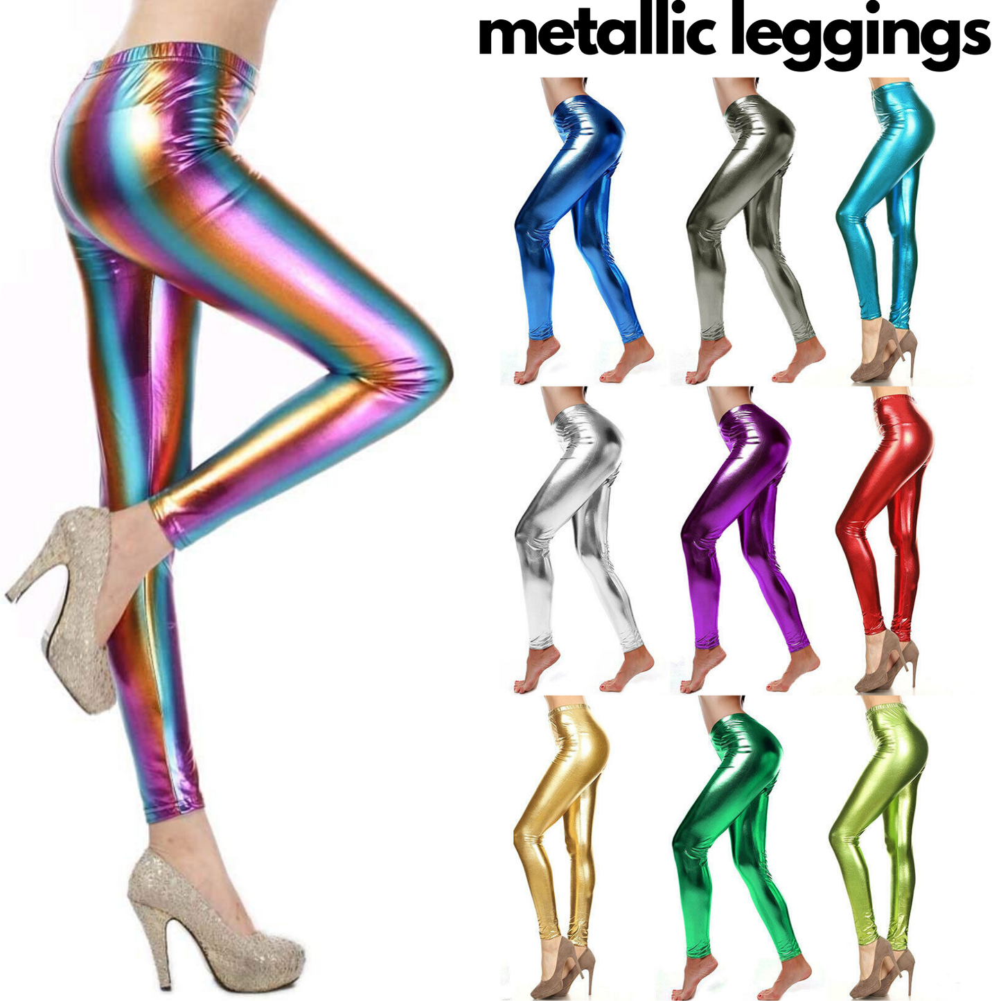Metallic Leggings Stretchy Pants Neon Fluro Shiny Glossy Dress Up Dance Party - Metallic Green