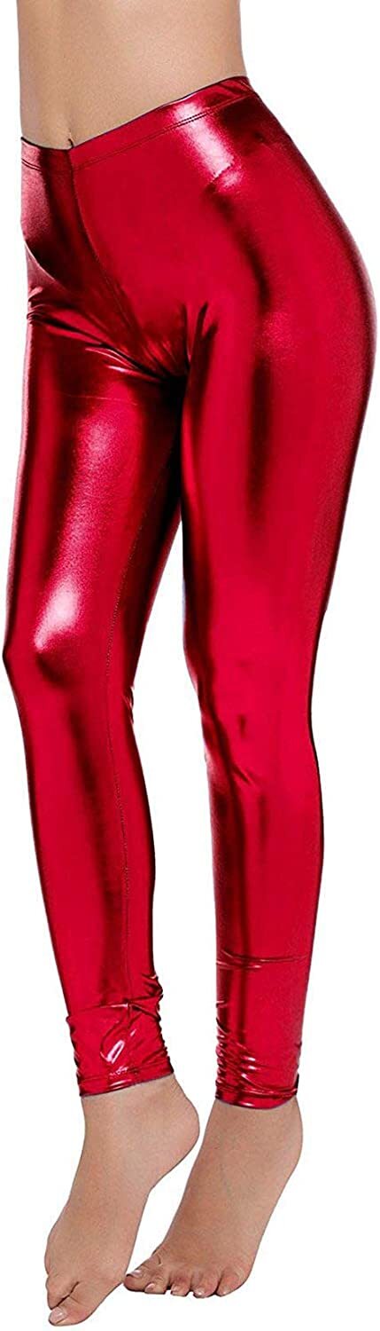 Metallic Leggings Stretchy Pants Neon Fluro Shiny Glossy Dress Up Dance Party - Red
