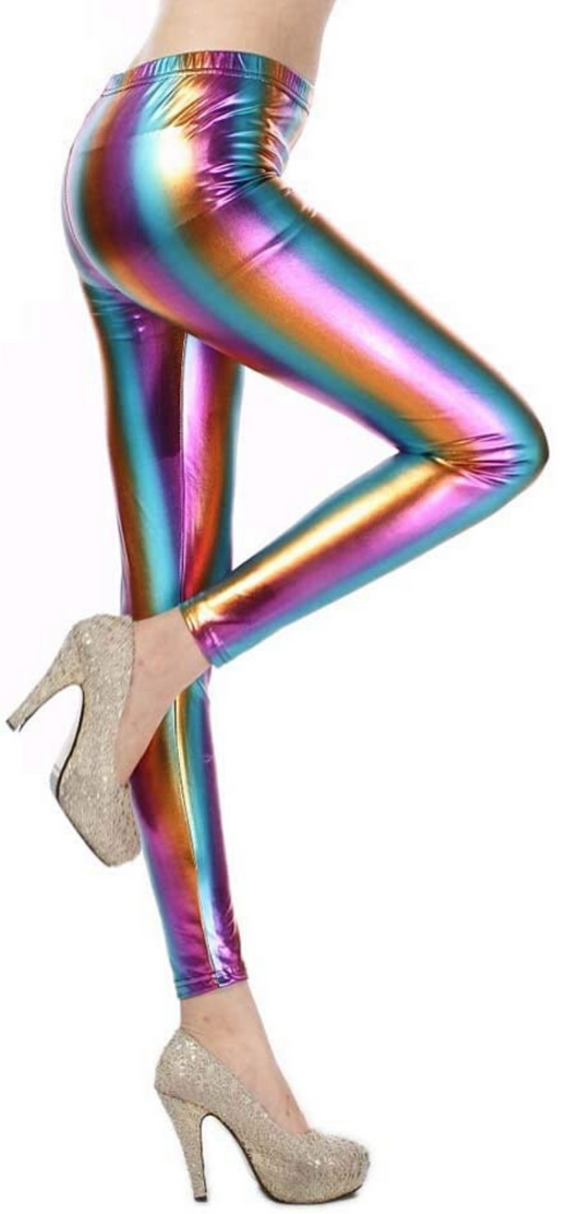 Metallic Leggings Stretchy Pants Neon Fluro Shiny Glossy Dress Up Dance Party - Rainbow
