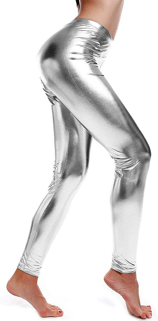 Metallic Leggings Stretchy Pants Neon Fluro Shiny Glossy Dress Up Dance Party - Silver