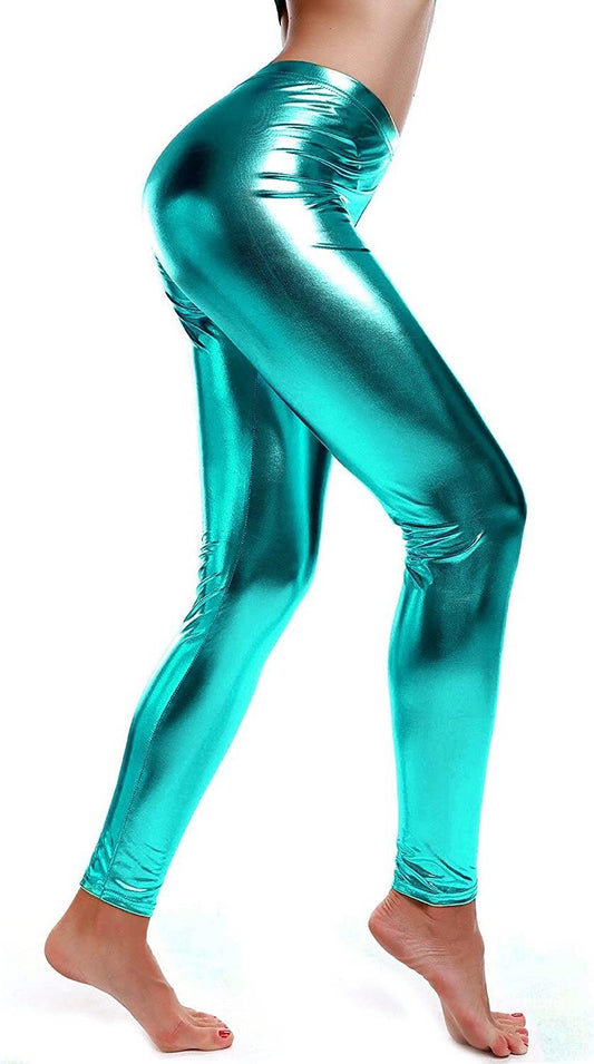 DELUXE METALLIC LEGGINGS Shiny Neon Stretch Dance Costume Fancy Dress Party - Blue