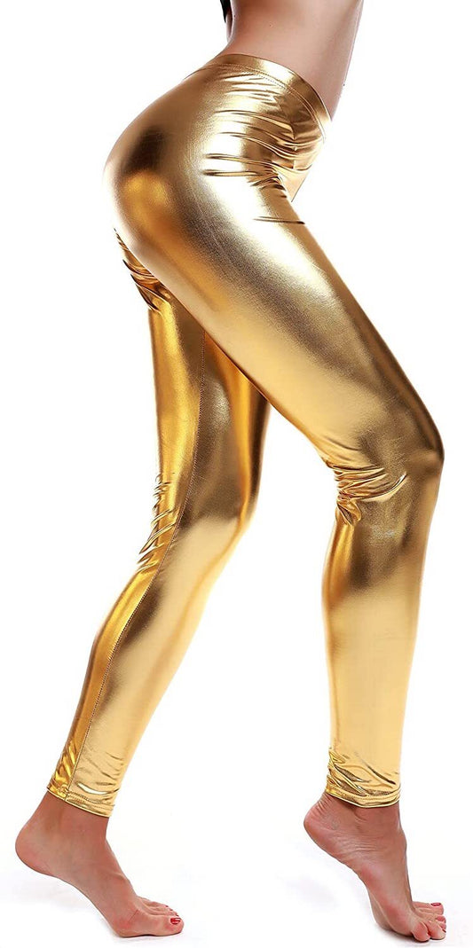 DELUXE METALLIC LEGGINGS Shiny Neon Stretch Dance Costume Fancy Dress Party - Gold/Yellow