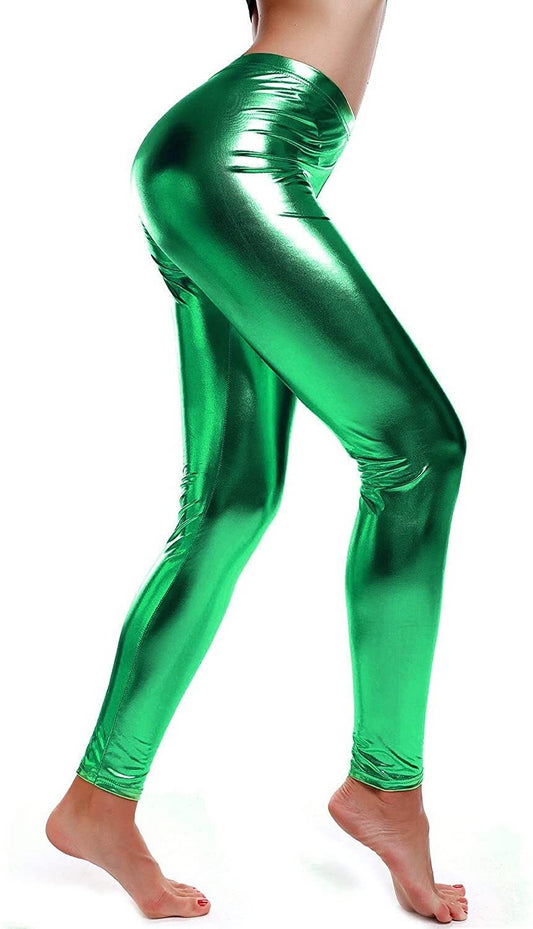 DELUXE METALLIC LEGGINGS Shiny Neon Stretch Dance Costume Fancy Dress Party - Green