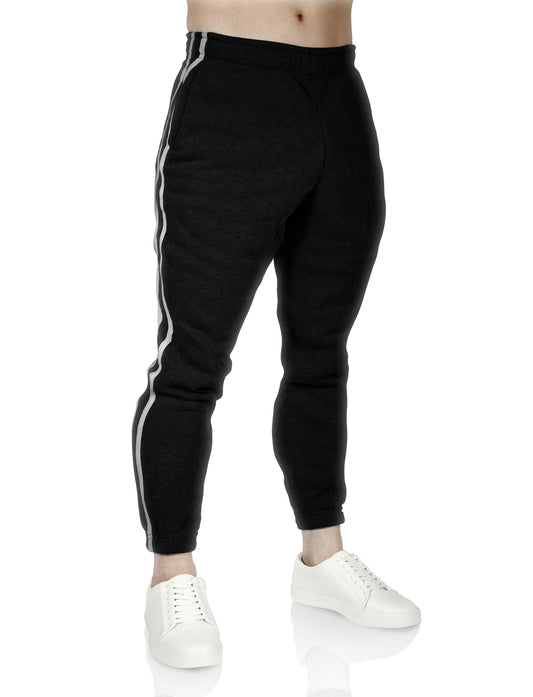 Mens Fleece Skinny Track Pants Jogger Gym Casual Sweat Trackies Warm Trousers - Black/White Stripe - L