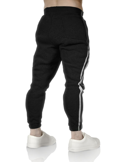 Mens Fleece Skinny Track Pants Jogger Gym Casual Sweat Trackies Warm Trousers - Black/White Stripe - L
