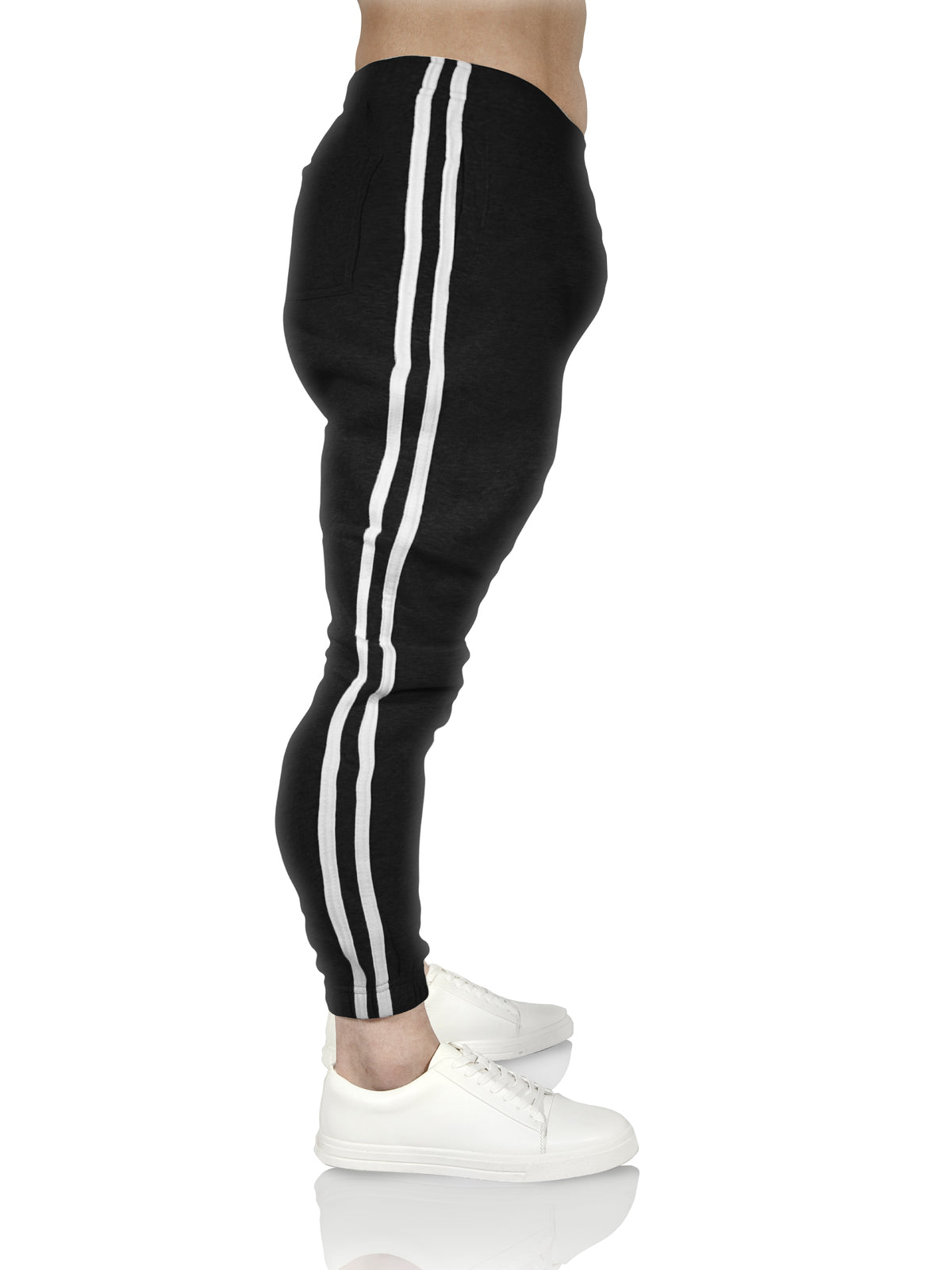 Mens Fleece Skinny Track Pants Jogger Gym Casual Sweat Trackies Warm Trousers - Black/White Stripe - M