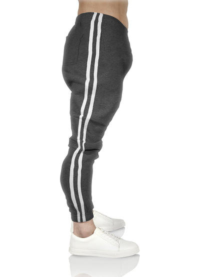 Mens Fleece Skinny Track Pants Jogger Gym Casual Sweat Trackies Warm Trousers - Charcoal Marle/White Stripe - L