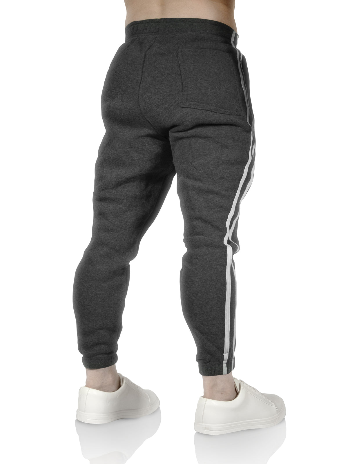 Mens Fleece Skinny Track Pants Jogger Gym Casual Sweat Trackies Warm Trousers - Charcoal Marle/White Stripe - M