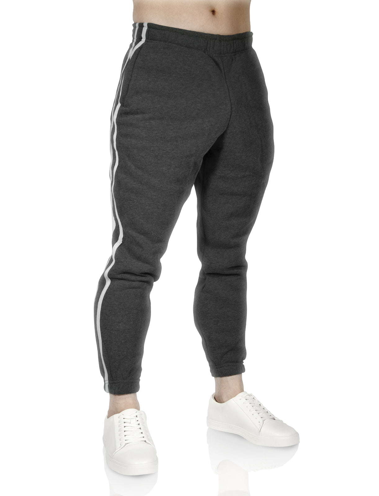 Mens Fleece Skinny Track Pants Jogger Gym Casual Sweat Trackies Warm Trousers - Charcoal Marle/White Stripe - S