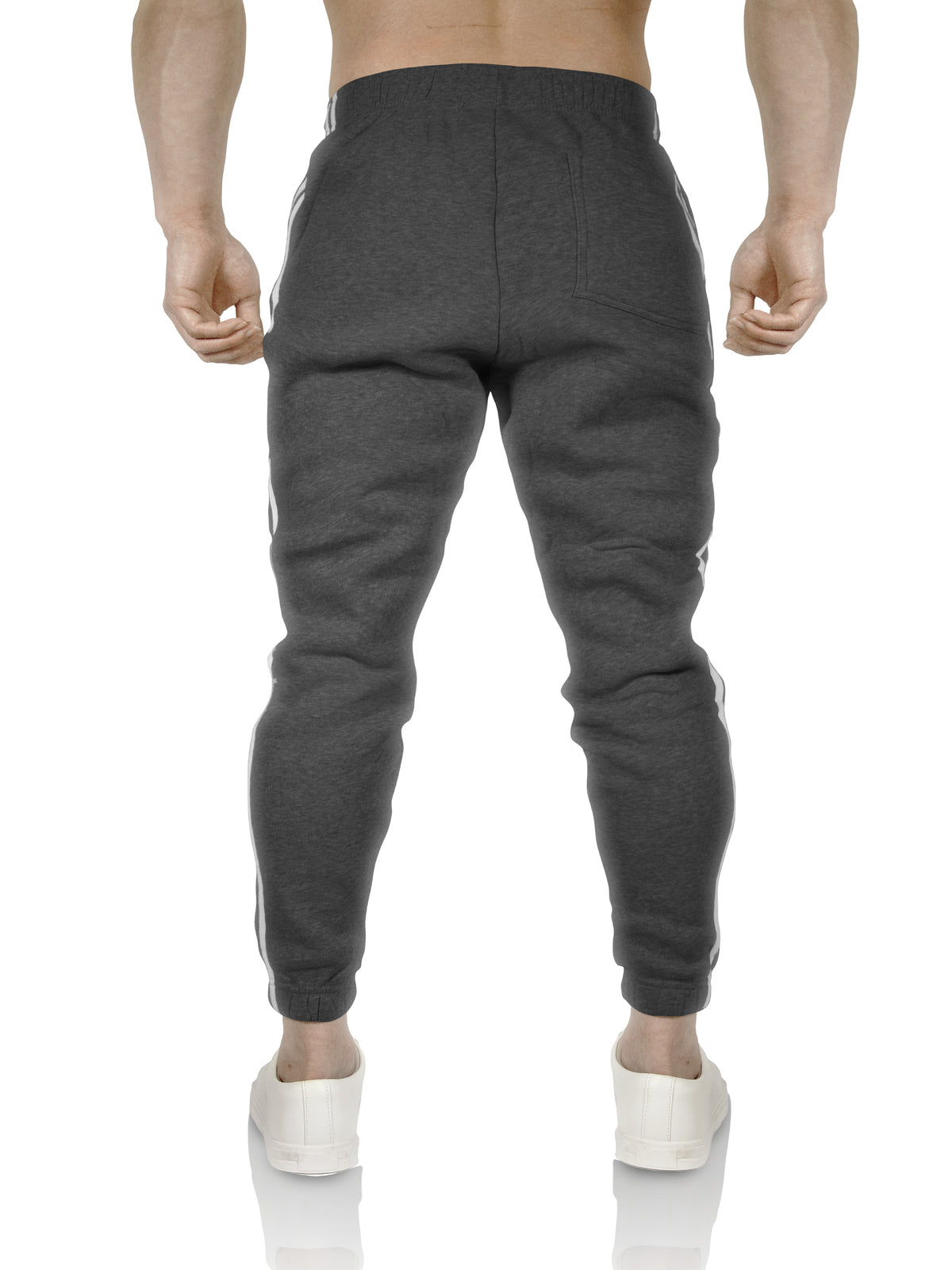 Mens Fleece Skinny Track Pants Jogger Gym Casual Sweat Trackies Warm Trousers - Charcoal Marle/White Stripe - S