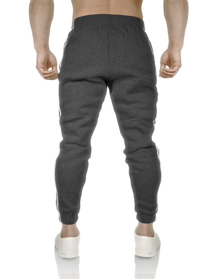 Mens Fleece Skinny Track Pants Jogger Gym Casual Sweat Trackies Warm Trousers - Charcoal Marle/White Stripe - XL