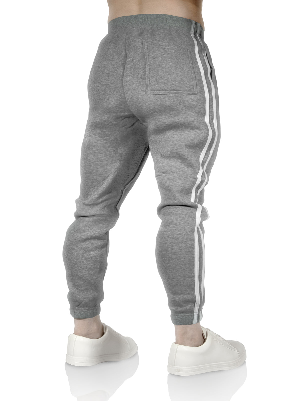 Mens Fleece Skinny Track Pants Jogger Gym Casual Sweat Trackies Warm Trousers - Grey Marle/White Stripe - L
