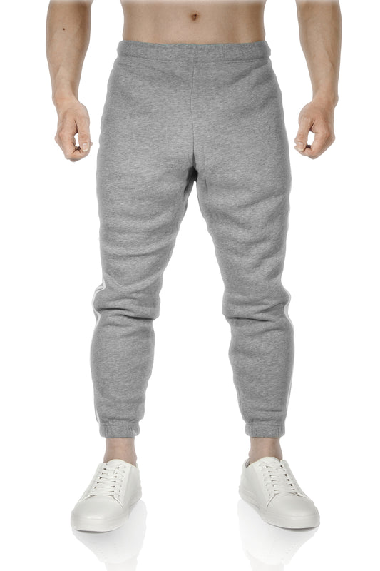 Mens Fleece Skinny Track Pants Jogger Gym Casual Sweat Trackies Warm Trousers - Grey Marle/White Stripe - M