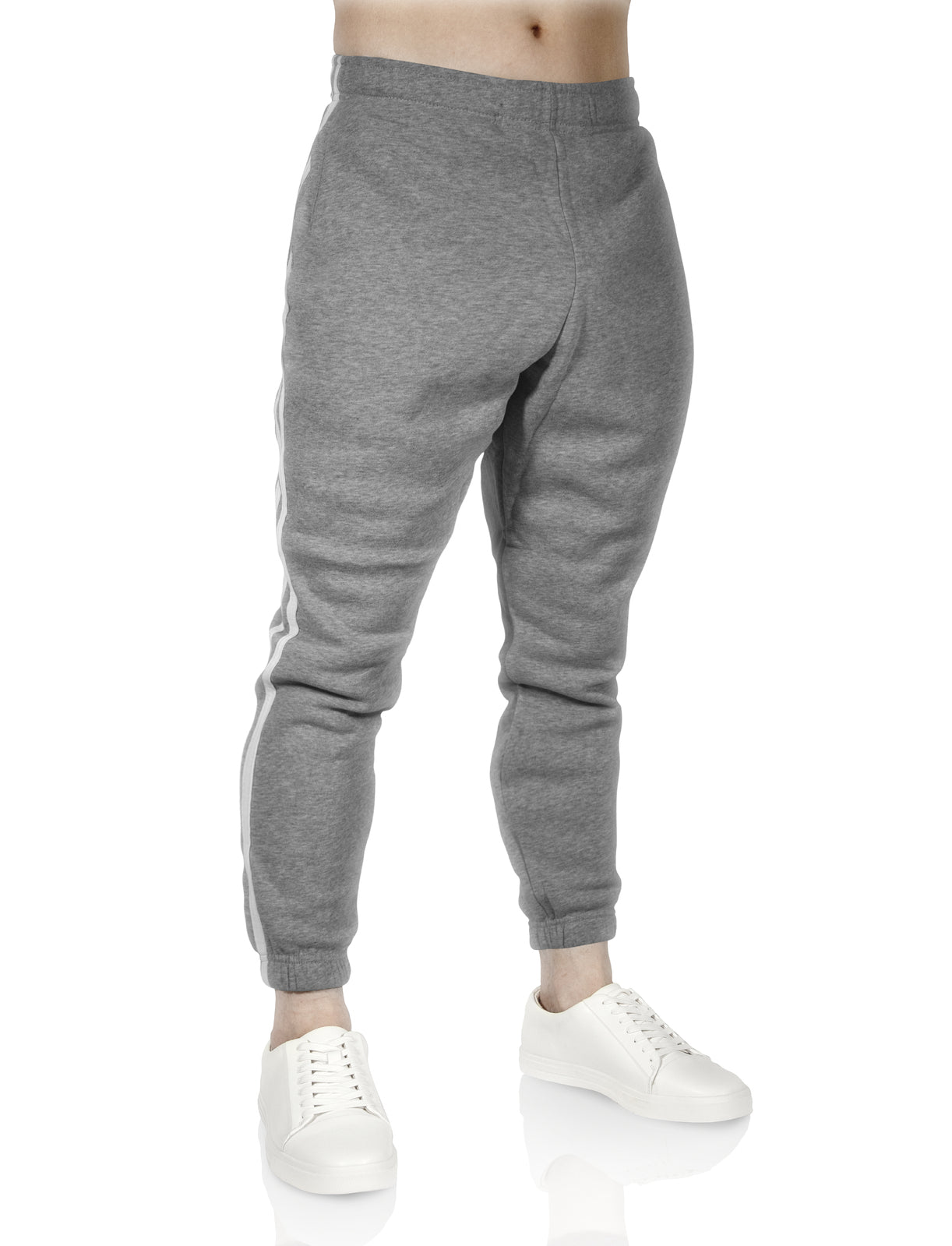 Mens Fleece Skinny Track Pants Jogger Gym Casual Sweat Trackies Warm Trousers - Grey Marle/White Stripe - S