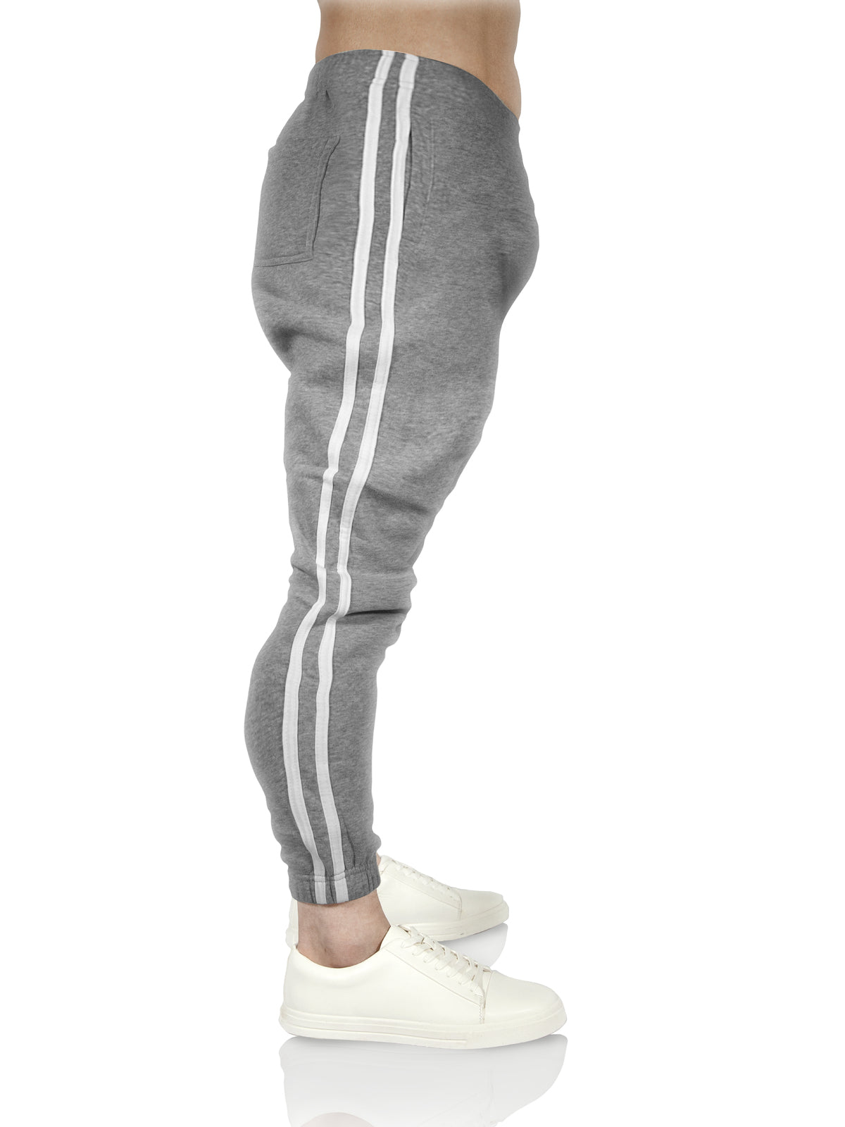 Mens Fleece Skinny Track Pants Jogger Gym Casual Sweat Trackies Warm Trousers - Grey Marle/White Stripe - XXL