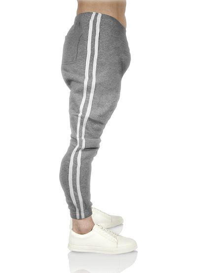 Mens Fleece Skinny Track Pants Jogger Gym Casual Sweat Trackies Warm Trousers - Grey Marle/White Stripe - XXL