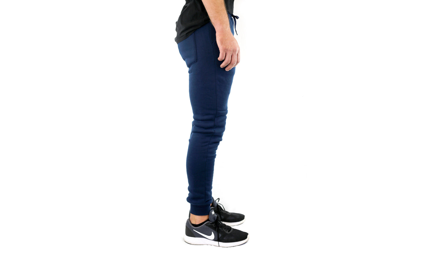 Mens Skinny Track Pants Joggers Trousers Gym Casual Sweat Cuffed Slim Trackies Fleece - Navy - 3XL