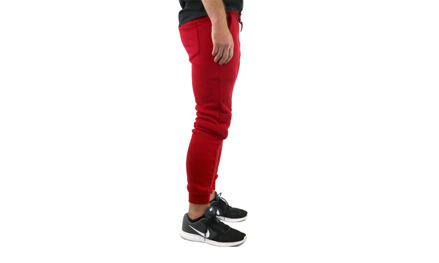 Mens Skinny Track Pants Joggers Trousers Gym Casual Sweat Cuffed Slim Trackies Fleece - Red - XL