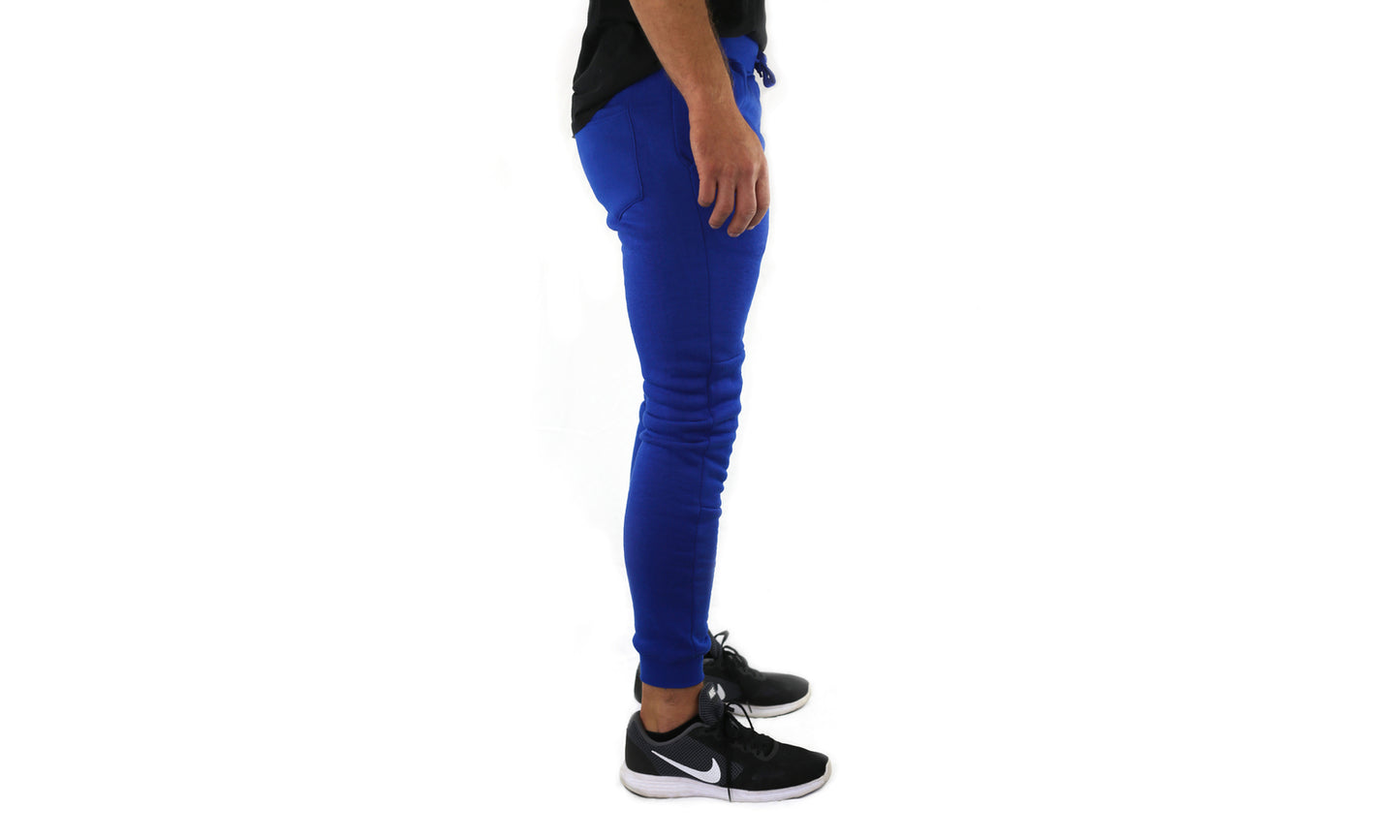 Mens Skinny Track Pants Joggers Trousers Gym Casual Sweat Cuffed Slim Trackies Fleece - Royal Blue - L
