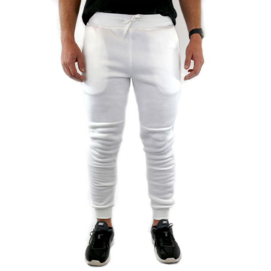Mens Skinny Track Pants Joggers Trousers Gym Casual Sweat Cuffed Slim Trackies Fleece - White - L