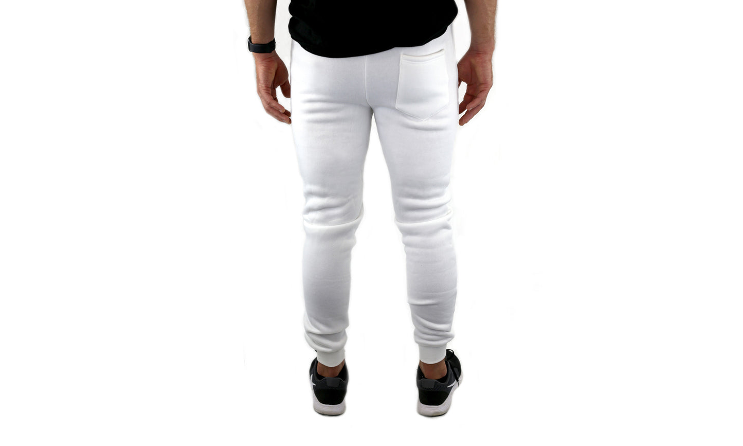 Mens Skinny Track Pants Joggers Trousers Gym Casual Sweat Cuffed Slim Trackies Fleece - White - M