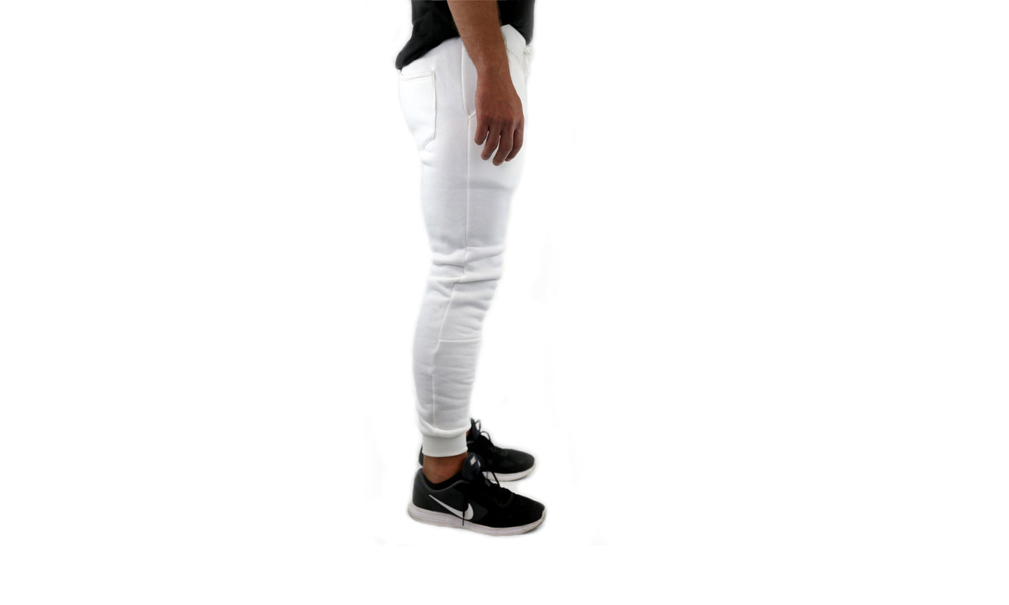 Mens Skinny Track Pants Joggers Trousers Gym Casual Sweat Cuffed Slim Trackies Fleece - White - M