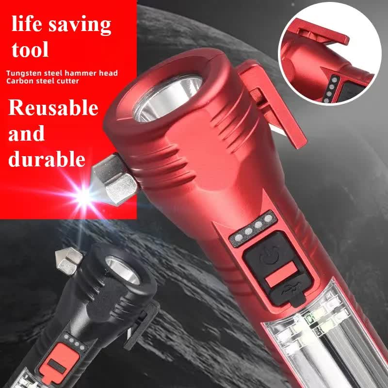 Multi-Functional Safety Flashlight– Rechargeable Waterproof Emergency Torch with USB Charging, High-Lumen for Outdoor and Survival Use (Red)