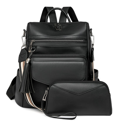 Black Fashionable Women's Backpack Set - With Coin Purse and Tassels
