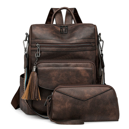 Coffee Rough Grain Fashionable Women's Backpack Set - With Coin Purse and Tassels