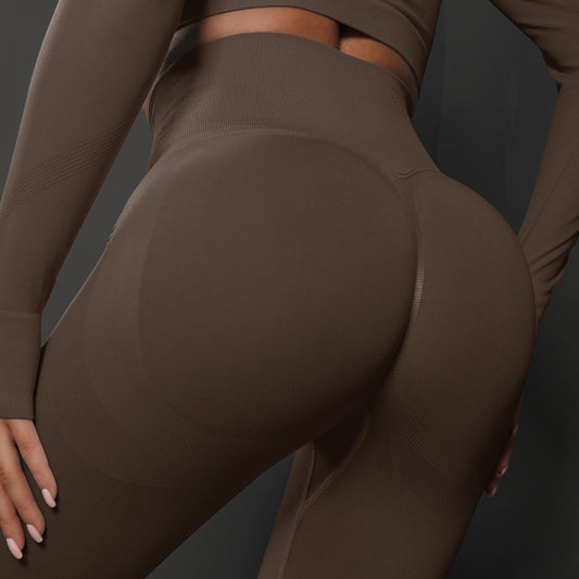 Size L Brown Seamless High-Waisted Yoga Pants for Women - Lift Workout Leggings for Running, Gym, and Fitness