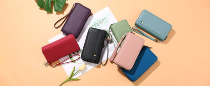 Dark Blue Double Zipper Women's Wallet - Large Capacity Clutch Organizer with Wristlet Strap