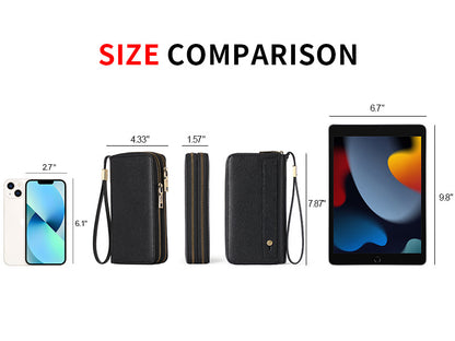 Dark Blue Double Zipper Women's Wallet - Large Capacity Clutch Organizer with Wristlet Strap