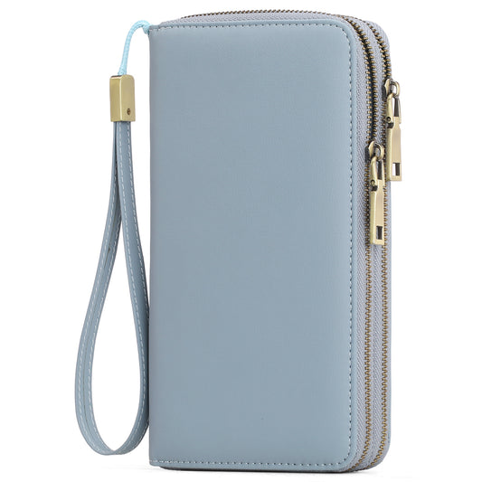 Light Blue Double Zipper Women's Wallet - Large Capacity Clutch Organizer with Wristlet Strap