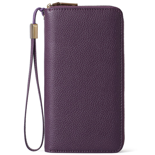 Purple Double Zipper Women's Wallet - Large Capacity Clutch Organizer with Wristlet Strap