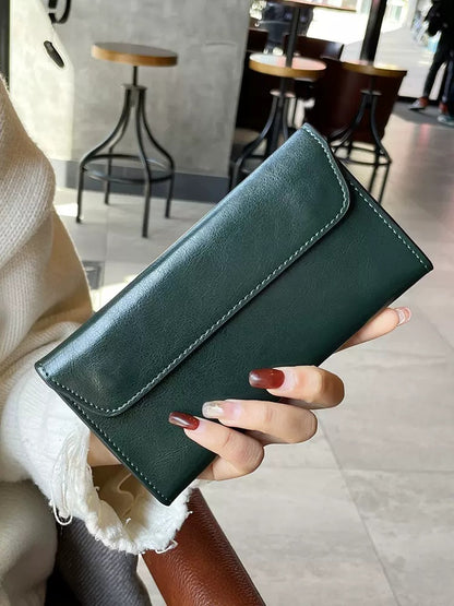 Dark Green Women's Genuine Leather Long Wallet - Slim Business Clutch with Snap Closure, Multi-Card Holder
