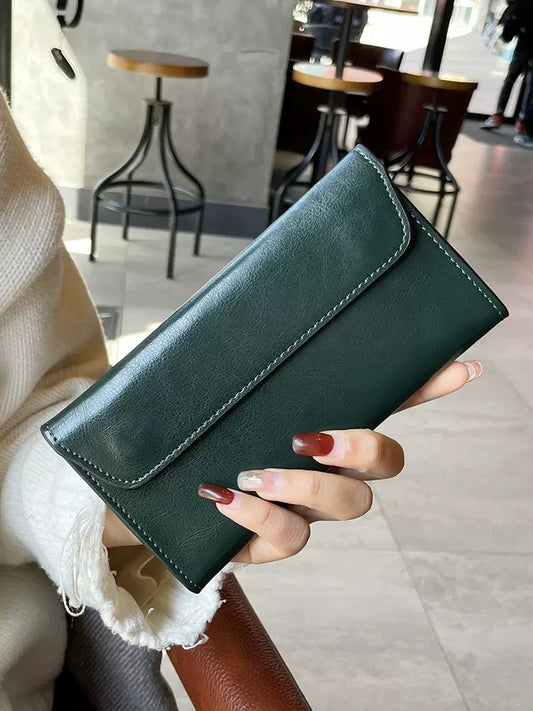 Dark Green Women's Genuine Leather Long Wallet - Slim Business Clutch with Snap Closure, Multi-Card Holder