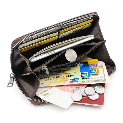 Light Brown 2PCS Men's Premium Long Wallet - Business PU Leather Zip Around Card Holder with Multiple Slots & Pull-Tab Design