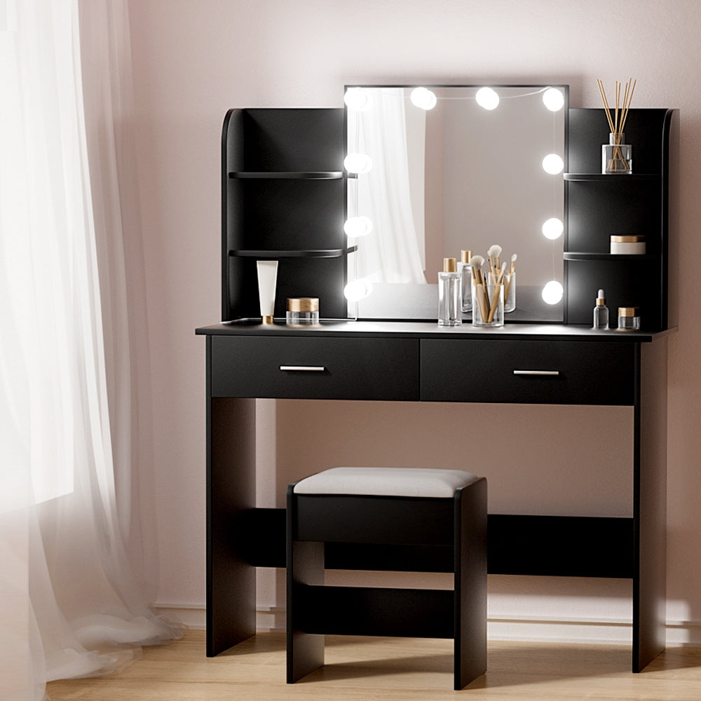 Artiss Dressing Table LED Makeup Mirror Stool Set 10 Bulbs Vanity Desk Black