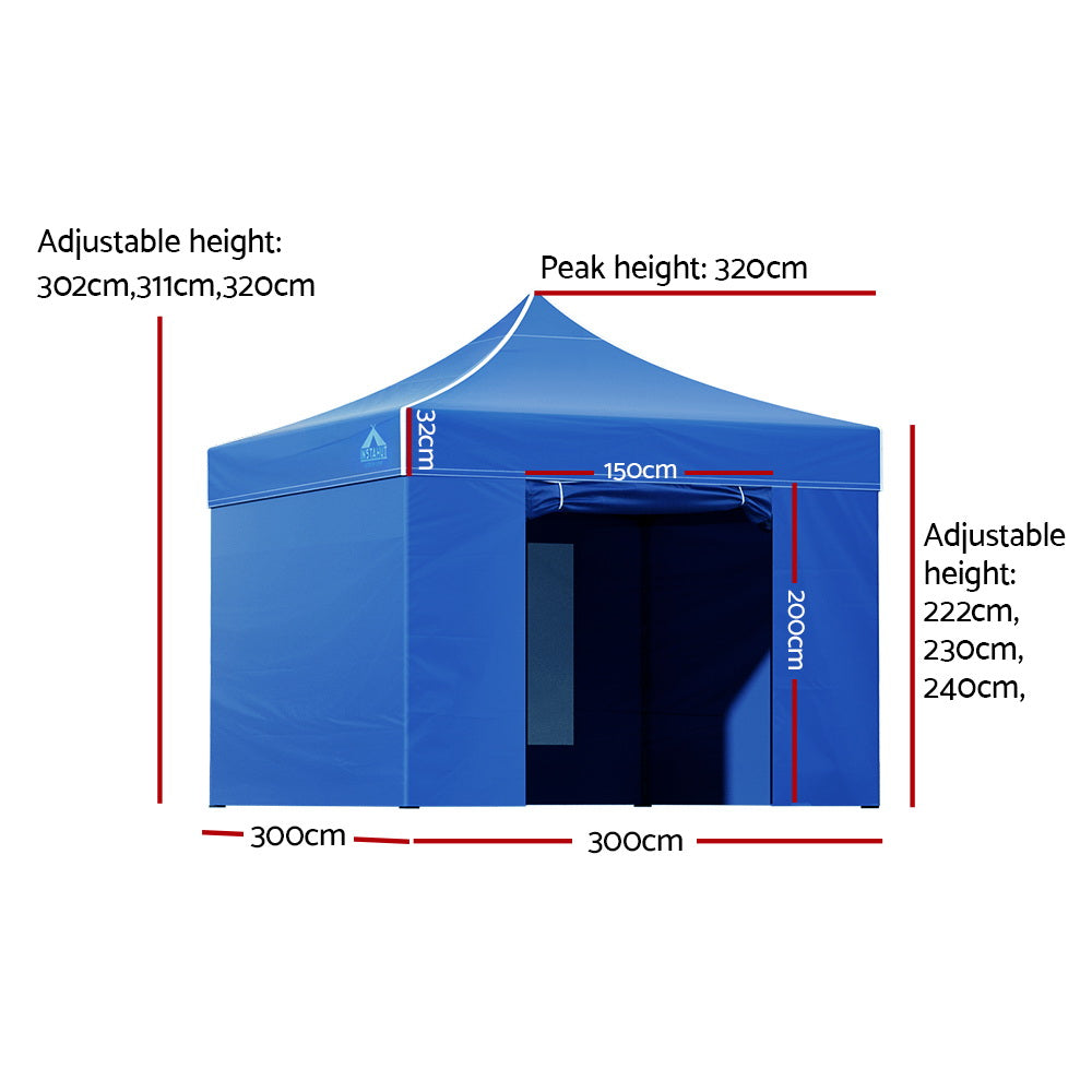 Instahut Gazebo Pop Up Marquee 3x3m Folding Wedding Tent Gazebos Shade Blue