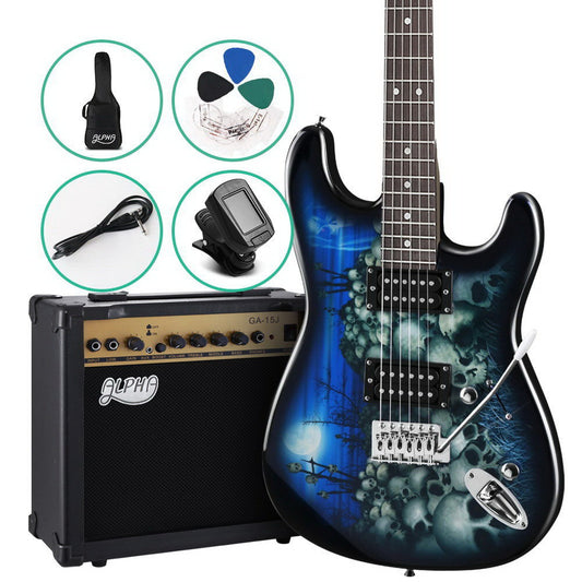 Alpha Electric Guitar And AMP Music String Instrument Rock Blue Carry Bag Steel String