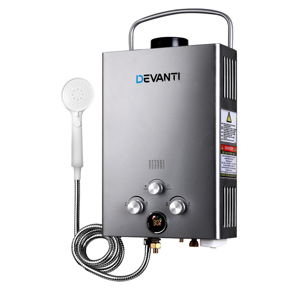 Devanti Outdoor Gas Hot Water Heater Portable Camping Shower 12V Pump Grey