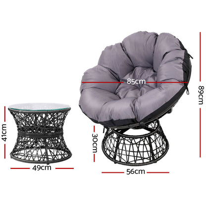 Gardeon Outdoor Lounge Setting Papasan Chairs Table Patio Furniture Wicker Black