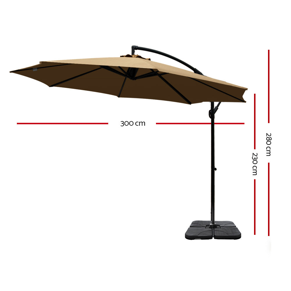 Instahut 3M Umbrella with 50x50cm Base Outdoor Umbrellas Cantilever Sun Stand UV Garden Beige