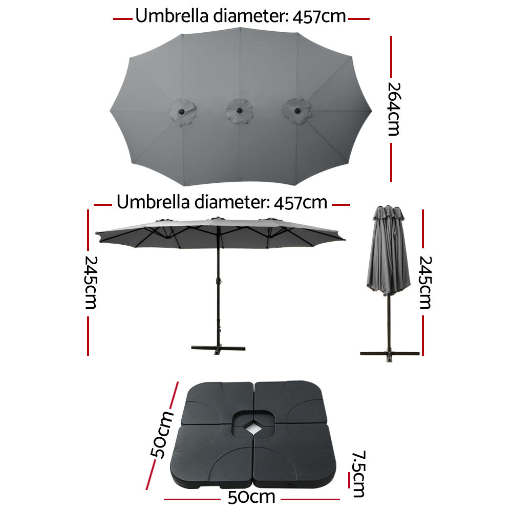 Instahut Outdoor Umbrella Beach Twin Base Stand Garden Sun Shade Charcoal 4.57m