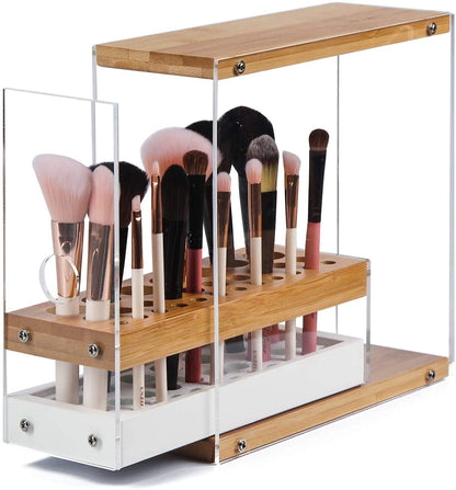 31 Holes Acrylic Bamboo Brush Holder Organiser Beauty Cosmetic Display Stand with Leather Drawer White (22.3 x 8.6 x 21.5 cm)