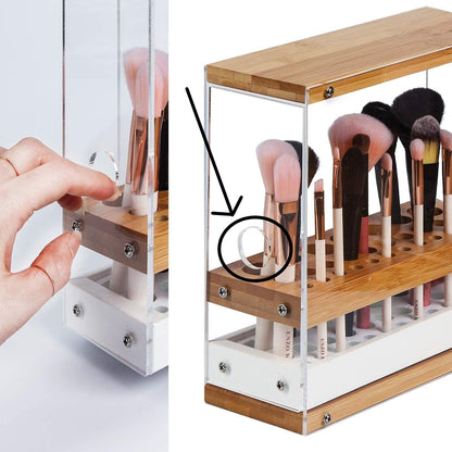 31 Holes Acrylic Bamboo Brush Holder Organiser Beauty Cosmetic Display Stand with Leather Drawer White (22.3 x 8.6 x 21.5 cm)